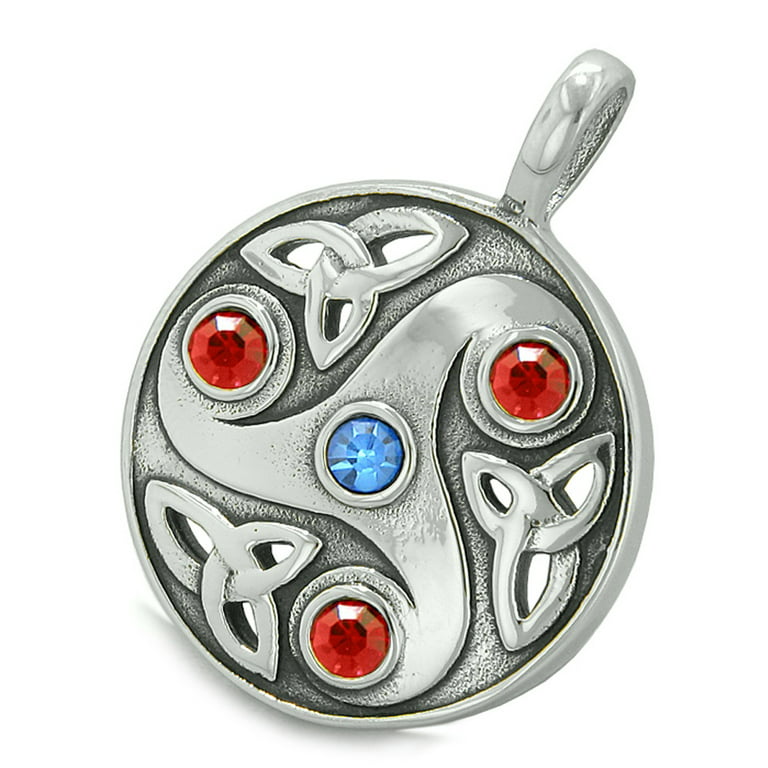 Goddess Celtic Triquetra Knot Protection Amulet Circle Royal Blue Red Crystals Pendant 22 Inch Necklace 